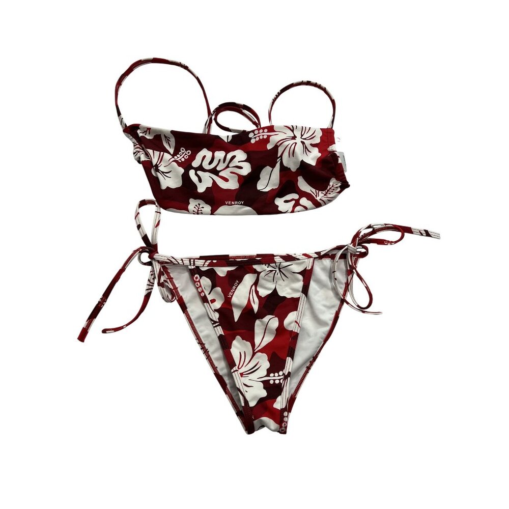 Venroy Bandeau Swim Top & String Bikini Brief in Red Hibiscus Camo